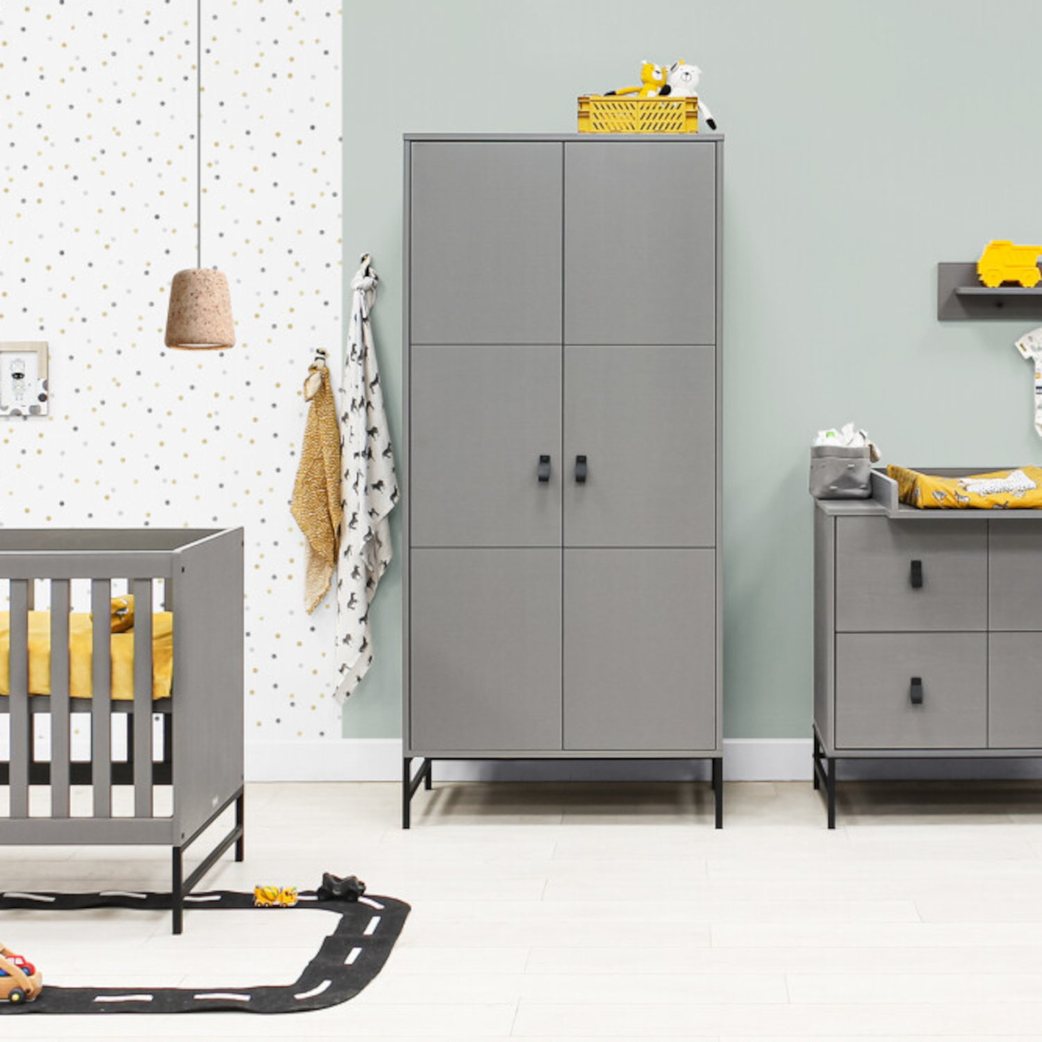 Bopita Milo Babykamer Steel Grey | Bed 60 x 120 cm + Commode + Kast 2-deurs